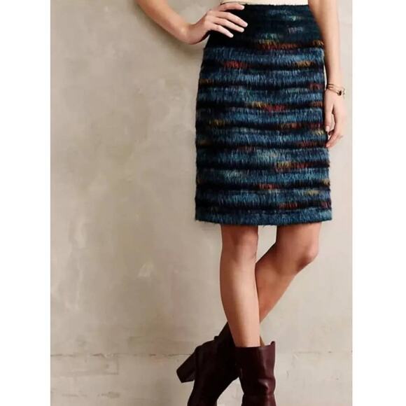 Anthropologie Maeve Size 0 Pencil Skirt Feathered Wool Peacock Stripes Preppy - Picture 1 of 16